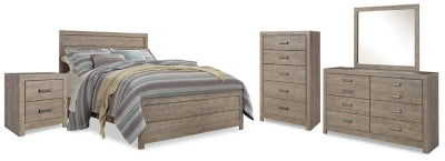 Cama Queen Culverbach con paneles, tocador, espejo, cómoda y dos mesitas de noche