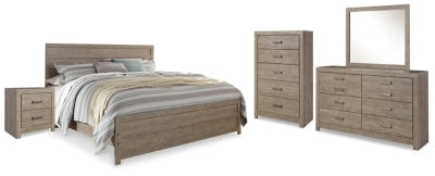 Cama King con paneles Culverbach, tocador, espejo, cómoda y mesita de noche