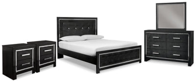 Cama tapizada Kaydell Queen, tocador, espejo y dos mesitas de noche