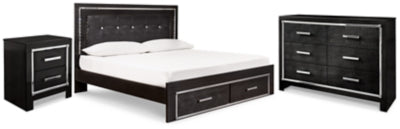 Cama King con almacenaje, cómoda y mesita de noche Kaydell