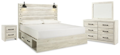 Cama King Cambeck con almacenamiento, tocador, espejo y mesita de noche