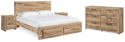 Cama Hyanna King con almacenamiento, cómoda y dos mesitas de noche