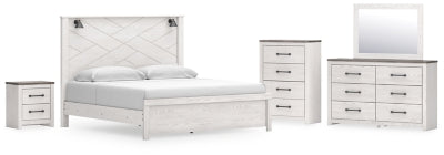 Cama King con paneles Gerridan, tocador, espejo, cómoda y mesita de noche
