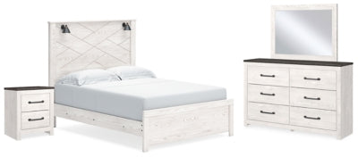 Cama Queen con paneles Gerridan, tocador, espejo y mesita de noche