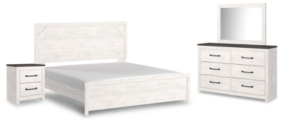 Cama Gerridan King con paneles, tocador con espejo y mesita de noche