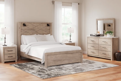 Cama queen con paneles, cómoda y espejo Senniberg