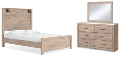 Cama queen con paneles, cómoda y espejo Senniberg