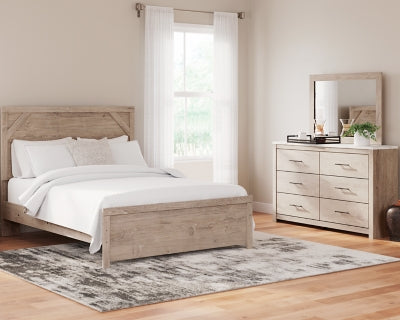 Cama queen con paneles, cómoda y espejo Senniberg