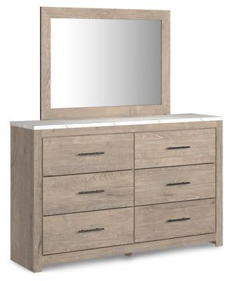 Cama queen con paneles, cómoda y espejo Senniberg