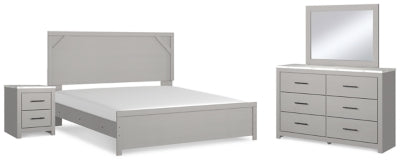 Cama King con paneles Cottonburg, tocador, espejo y mesita de noche