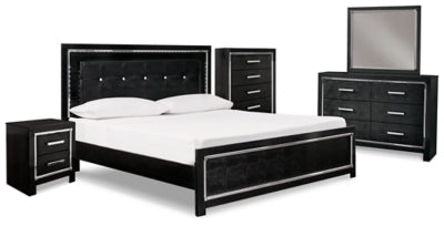 Cama tapizada Kaydell King con paneles, tocador, espejo, cómoda y mesita de noche
