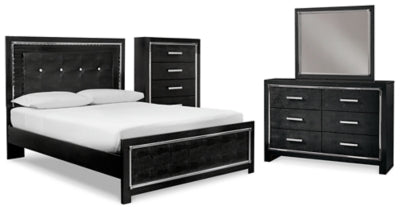 Cama Queen tapizada Kaydell con paneles, tocador, espejo y cómoda