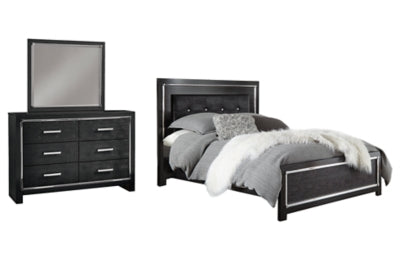 Cama Queen tapizada Kaydell con paneles, tocador y espejo