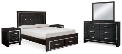 Cama Kaydell Queen con espacio de almacenamiento, tocador, espejo y dos mesitas de noche