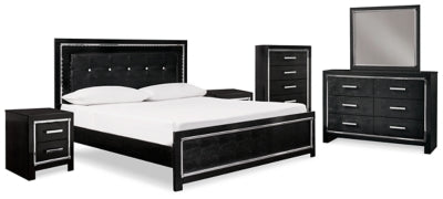 Cama tapizada Kaydell King con paneles, tocador, espejo, cómoda y dos mesitas de noche