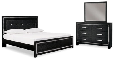 Cama tapizada Kaydell King con paneles, tocador y espejo