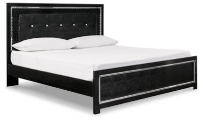 Cama tapizada Kaydell King con paneles, tocador, espejo y mesita de noche