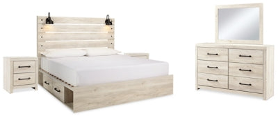 Cama King Cambeck con almacenaje, tocador, espejo y dos mesitas de noche