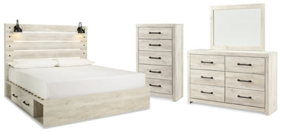 Cama King Cambeck con paneles, espacio de almacenamiento, tocador, espejo y cómoda