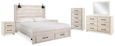 Cama King Cambeck con almacenamiento, tocador, espejo, cómoda y dos mesitas de noche