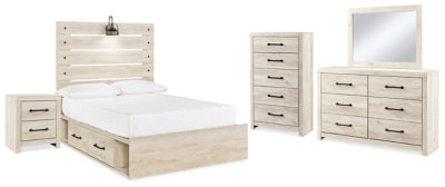 Cama completa Cambeck con panel, cómoda, arcón y mesita de noche