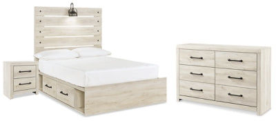 Cama Cambeck con almacenamiento de paneles completos, cómoda y mesita de noche