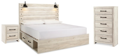 Cama King Cambeck con paneles, espacio de almacenamiento, cómoda y mesita de noche