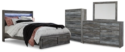 Cama Queen con almacenaje, tocador, espejo y cómoda Baystorm