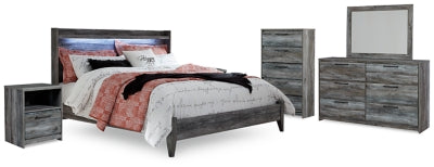 Cama Baystorm King con paneles, tocador, espejo, cómoda y dos mesitas de noche