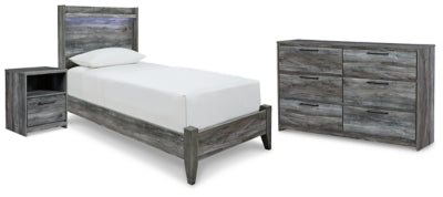 Cama individual con paneles, cómoda y mesita de noche Baystorm