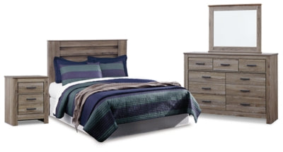 Cabecero de cama Zelen Queen con paneles, tocador con espejo y mesita de noche