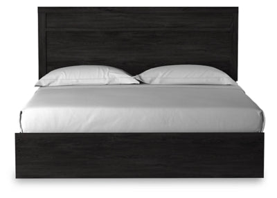 Cama con panel tamaño king y mesita de noche Belachime