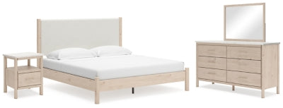 Cama Cadmori King con paneles tapizados, tocador, espejo y mesita de noche