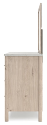 Cama Cadmori King con paneles tapizados, tocador, espejo y mesita de noche