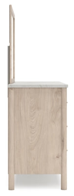 Cama Cadmori King con paneles tapizados, tocador, espejo y mesita de noche