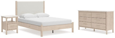 Cama Queen Cadmori con paneles tapizados, cómoda y mesita de noche