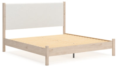 Cama Cadmori King con paneles tapizados, cómoda y mesita de noche
