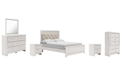 Cama Queen Altyra con paneles tapizados, tocador, espejo, cómoda y dos mesitas de noche