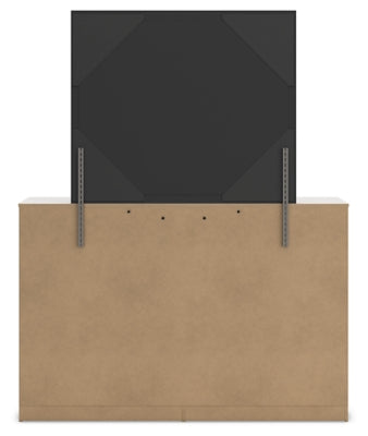 Cama Queen Altyra con paneles tapizados, tocador, espejo, cómoda y mesita de noche