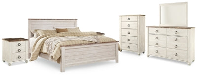 Cama Willowton King con paneles, tocador, espejo, cómoda y dos mesitas de noche