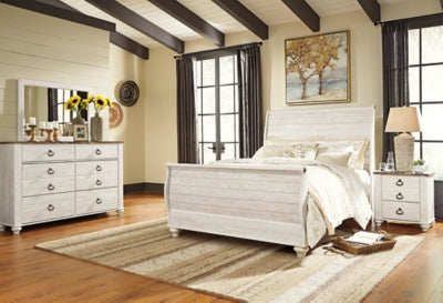 Cama Queen Willowton, tocador, espejo y cómoda