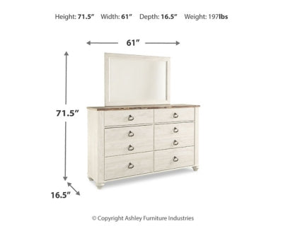 Cama Willowton Queen tipo trineo, tocador, espejo, cómoda y mesita de noche