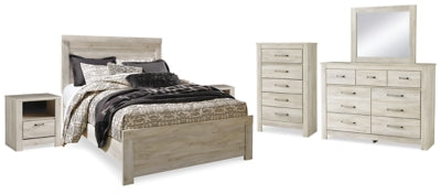 Cama Queen Bellaby con paneles, tocador, espejo, cómoda y dos mesitas de noche