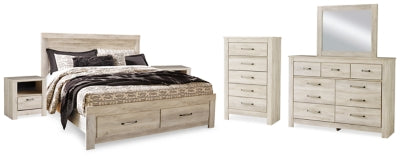 Cama Bellaby King con almacenaje, tocador, espejo, cómoda y dos mesitas de noche