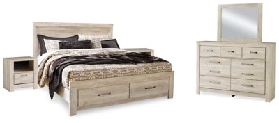 Cama Bellaby King con almacenamiento, tocador, espejo y dos mesitas de noche