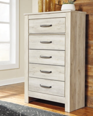 Cama Bellaby King con paneles, tocador, espejo, cómoda y dos mesitas de noche