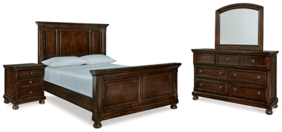 Cama Porter Queen con paneles, tocador, espejo y mesita de noche