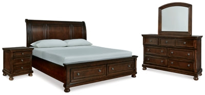 Cama tipo trineo Porter California King, tocador, espejo y mesita de noche
