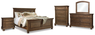 Cama Flynnter King con paneles, dos cómodas, espejo, cómoda y dos mesitas de noche