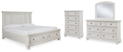 Cama Queen Robbinsdale con almacenamiento, tocador, espejo y cómoda